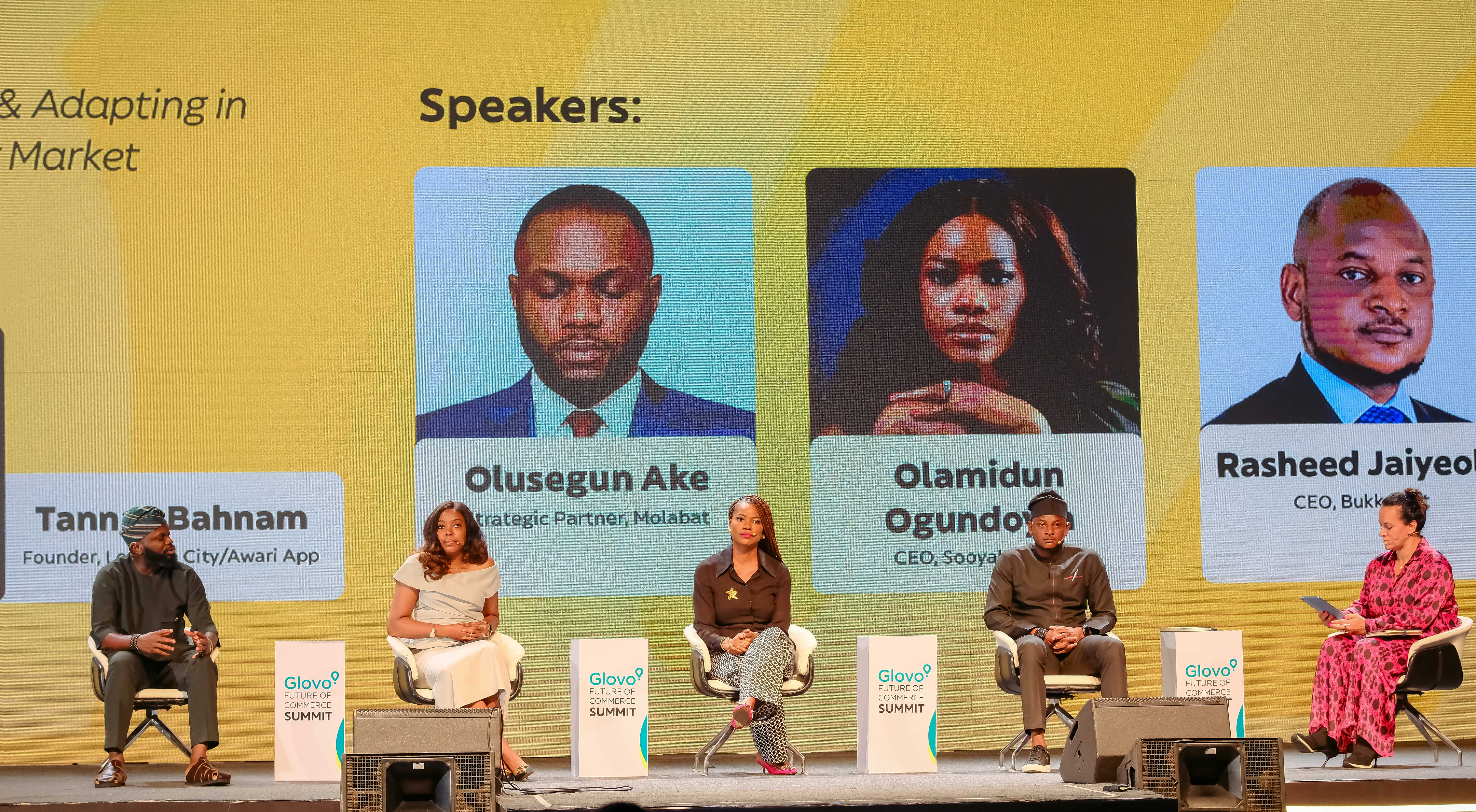 Olusegun Ake, Strategic Partner at Molabat Kitchen, speaking on stage at the Glovo Future of Commerce Summit 2025 in Lagos, seated alongside Ayo Anibaba (Deputy Managing Director, Sweet Sensation), Olamidun Ogundoyin (CEO, Sooyah Bistro), and Rasheed Jaiyeola (CEO, Bukka Hut).